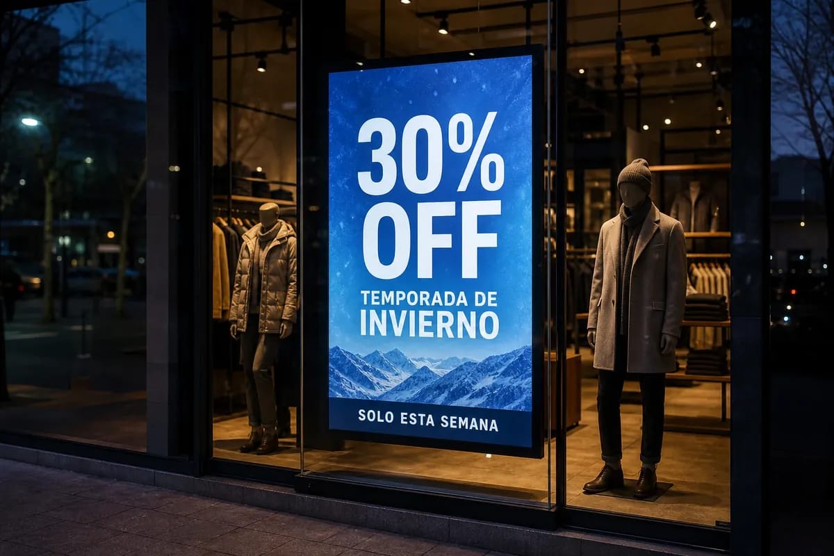 Vidriera de una tienda de ropa de noche con una pantalla vertical anunciando 30% de descuento de temporada