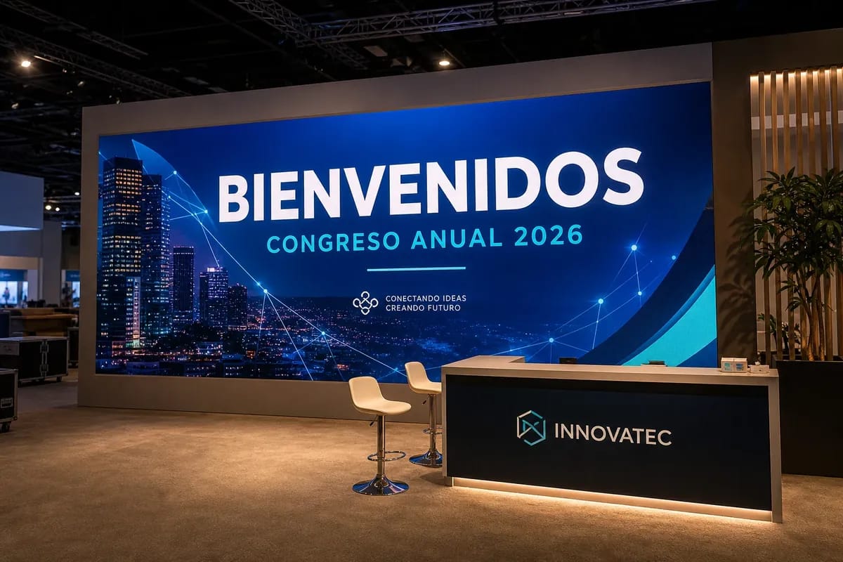 Stand de un congreso con una pantalla LED de pared entera dando la bienvenida a los asistentes