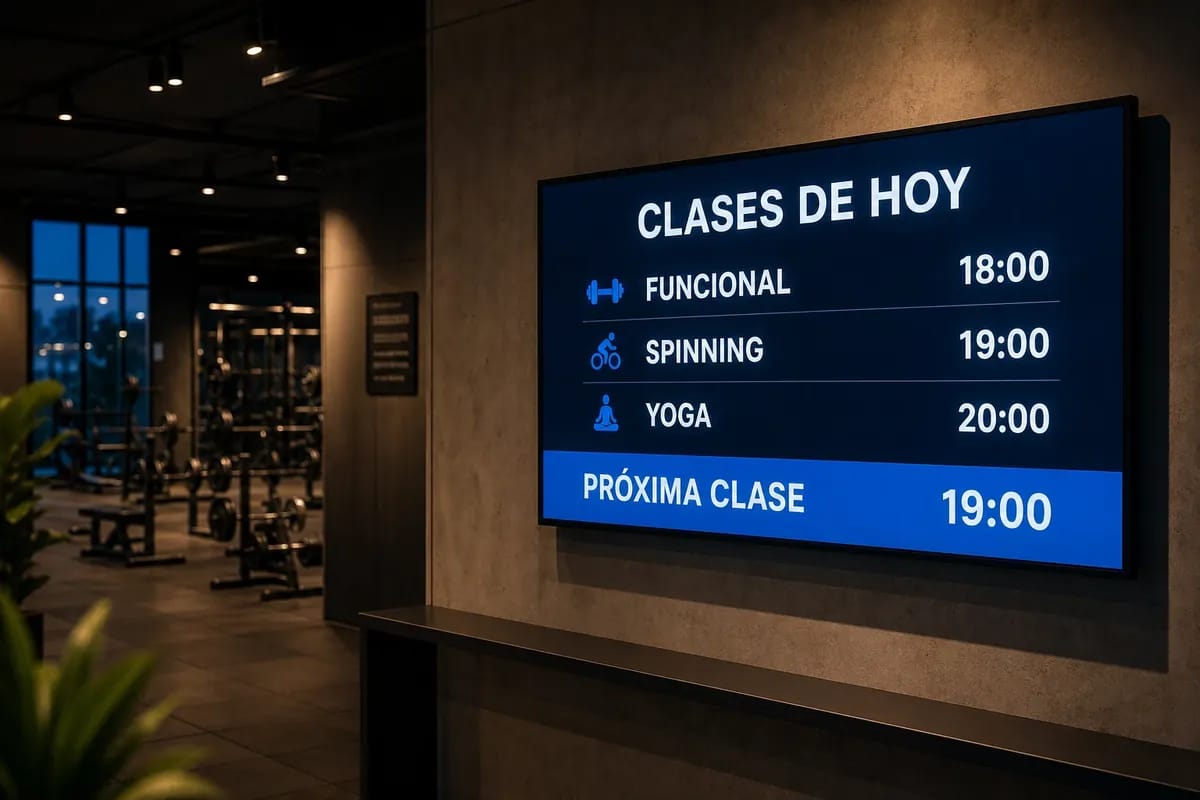Hall de un gimnasio con una pantalla en la pared mostrando las clases del día y sus horarios, con la próxima clase destacada
