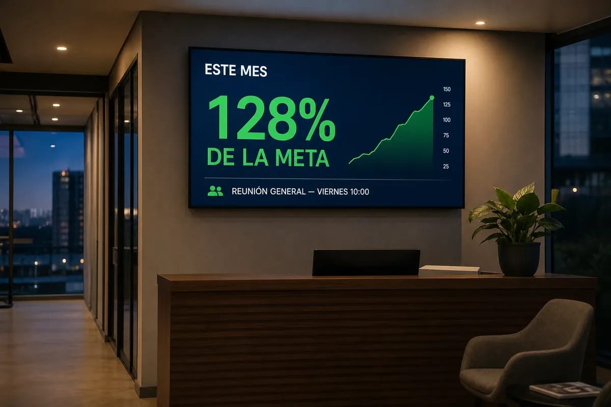 Recepción de una oficina con una pantalla mostrando el avance del mes sobre la meta y el aviso de la próxima reunión general