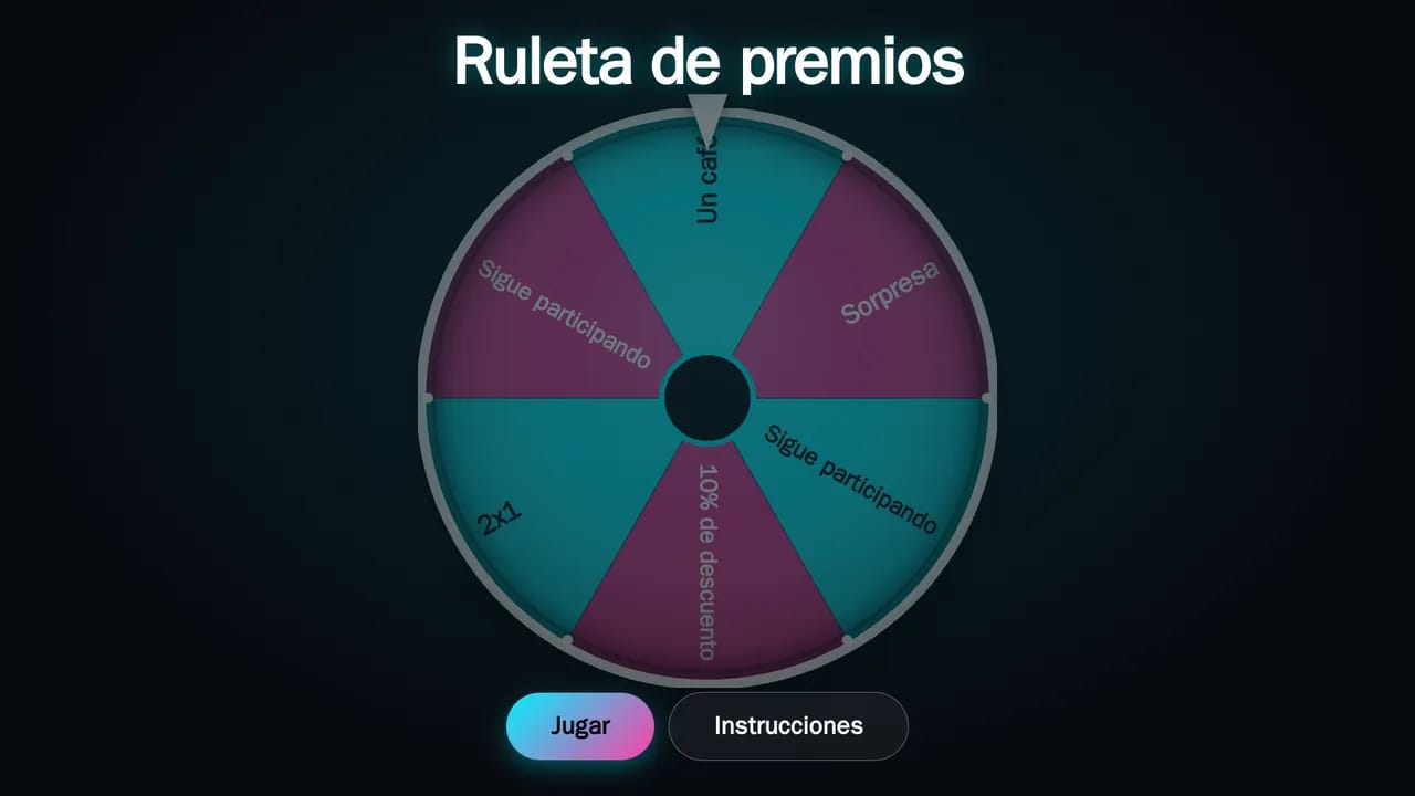 Ruleta de premios en una pantalla táctil, con los gajos y los premios del comercio