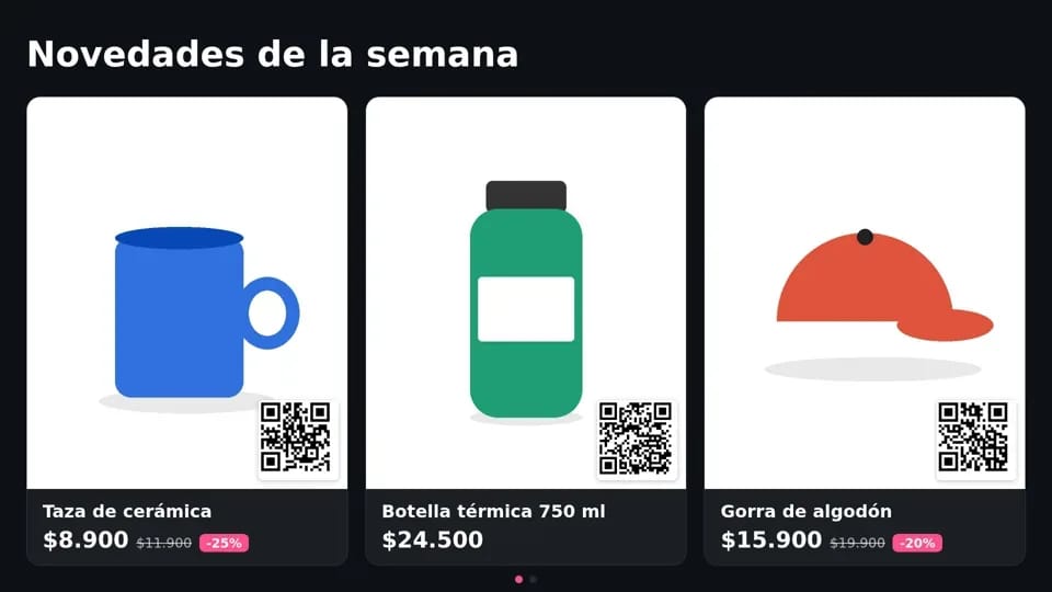Vidriera en una pantalla: tres productos de una tienda con su precio, el precio anterior tachado, el descuento y un código QR para comprarlos