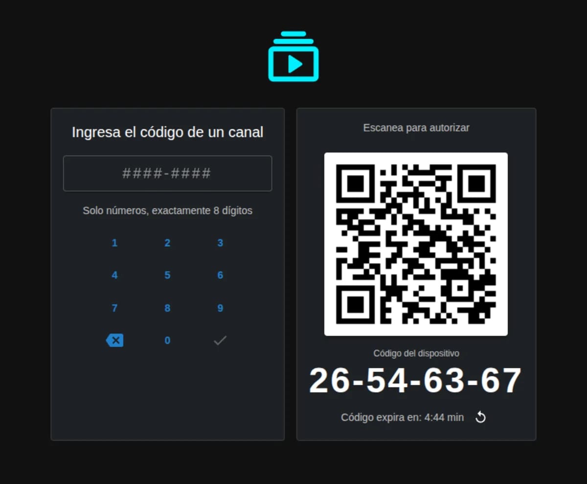 Primera pantalla de la App Reproductor recién instalada: el teclado para escribir el código del canal y el QR del dispositivo